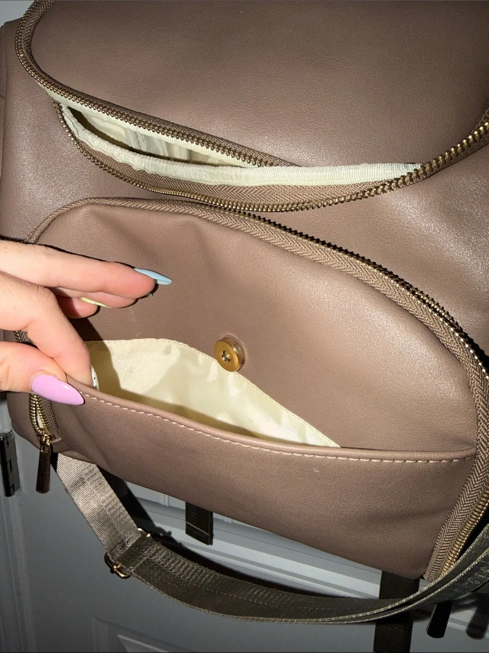 Taupe Diaper Bag Backpack with Itzy Ritzy Paci Holder